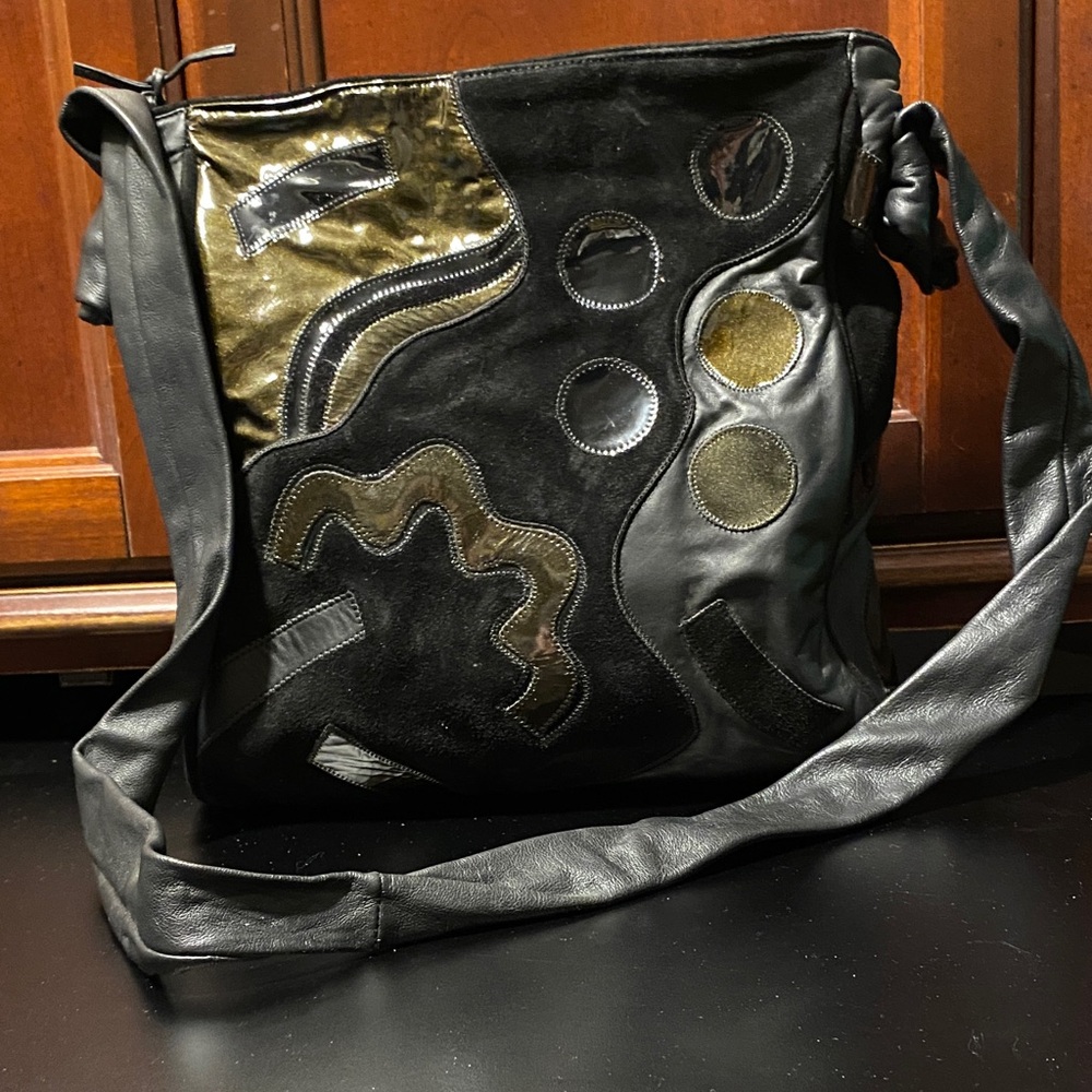 Black leather black suede and black patent Patchwork Shoulder Bag